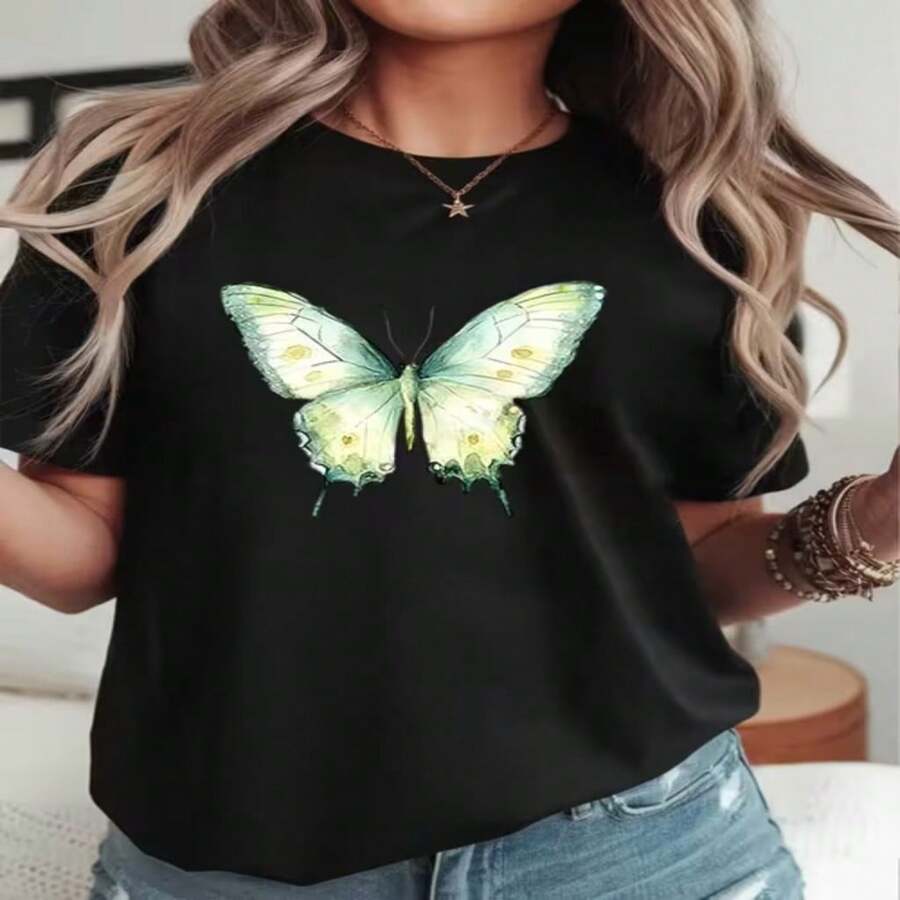 Plus Size T-Shirt Top PickLocal With Retro Butterfly Print 2026, Casual And Comfortable Fit, Durable Fabric, Everyday Wear, Classic Design, Soft Material, Printed T-Shirt, Adult Clothing, Holiday Gifts S-XXXL - 黑色 - 查看 1