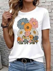 Limited Time Offer, Limited Quantity Available, Flash , Women's Shirts, Women's T-Shirts, Ladies' Round Neck Printed T-Shirt, Colorful Daisy Flower Pattern Print Design Festival Party Outfits - 白色 - 查看 1