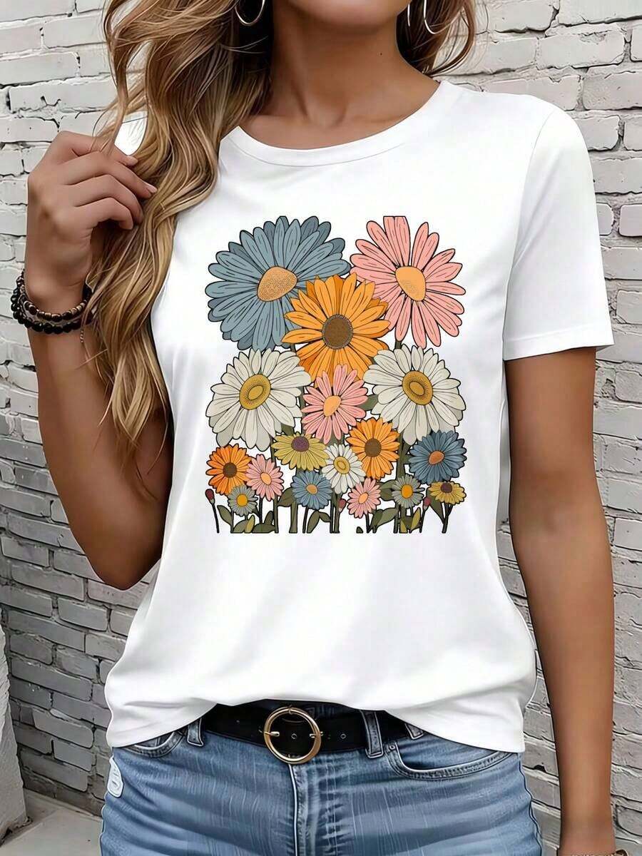 Limited Time Offer, Limited Quantity Available, Flash , Women's Shirts, Women's T-Shirts, Ladies' Round Neck Printed T-Shirt, Colorful Daisy Flower Pattern Print Design Festival Party Outfits - 白色 - 查看 1