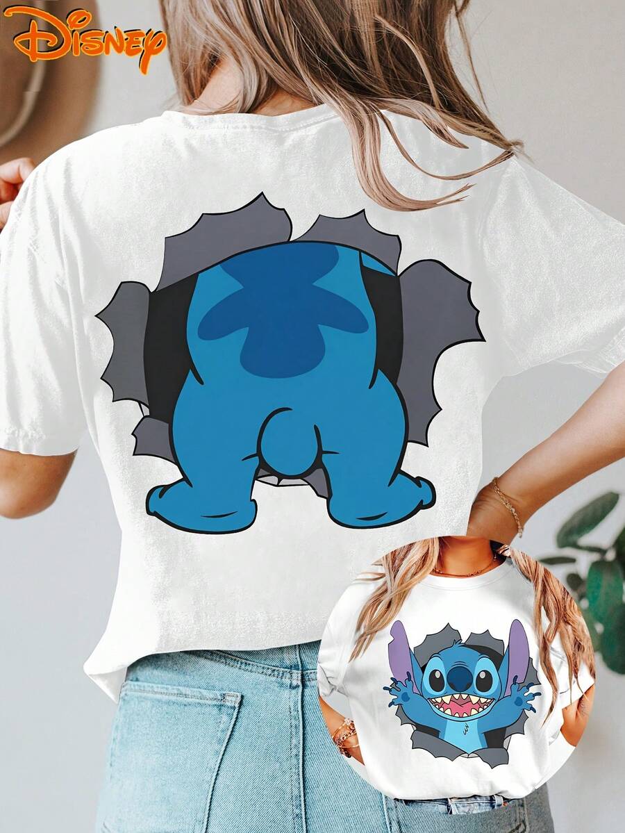 Authentic Women's Disney Plus Size Short Sleeve T-Shirt, Whimsical Cartoon Lilo & Stitch Stitch Breaking Out Of A Hole Double-Sided Print, Round Neck Summer Plus Size Tee, Suitable For Spring, Summer, And Autumn, Disney Trip, Fashionable Casual - trắng - Xem 1
