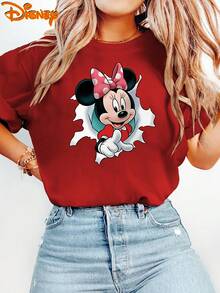 Authentic Women's Disney Short-Sleeve T-Shirt, Whimsical And Cute Minnie Mouse Peeking Out Of A Rip With A Waving Hand, Double-Sided Print, Round Neck Summer Tee, Suitable For Spring, Summer, And Fall, Disney Trip, Fashionable Casual Everyday Commute - 紅色 - 查看 2