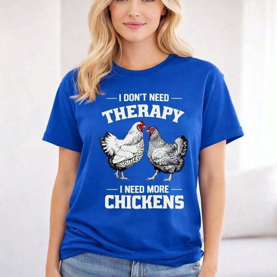Camiseta de algodón Suave para mujer, tallas grandes 0XL-5XL, con estampado "No necesito terapia, necesito más gallinas", corte holgado informal, manga corta, top de algodón cómodo para uso diario, camiseta divertida con gráfico de gallinas para mujer, camiseta informal de talla grande con frase humorística, tela de algodón transpirable, blusa casual mujer, blusas para mujer, playeras de mujer algodón. - Azul - Ver 1
