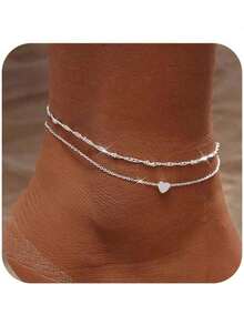 Women's Silver Anklet Set, Waterproof Multi-Layer Lightweight Cuban Link, Heart, Butterfly, Pearl Anklets, Gold Anklet Jewelry Gift - Silver 2 st - Visa 4