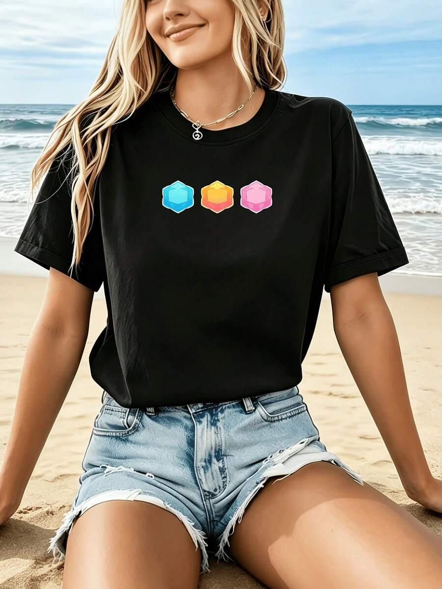 Camiseta Deportiva Casual para Mujer en Negro con Coloridos Patrones de Hexágonos - Camiseta Elástica de Cuello Redondo, Lavable aáquina, Ajuste Cómodo y Perfecta para Todas las Estaciones, para Ropa Casual y Actividades Diarias. - Negro - Ver 1