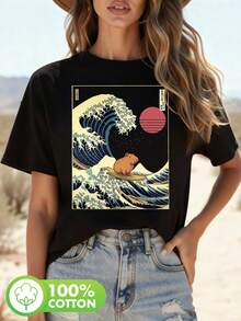 Small Capybara On Yellow And Blue Waves With A Red Sun, Funny Capybara Surfing In Kanagawa, Japan, Printed T-Shirt, Casual Short Sleeve Round Neck Top, For Summer And Spring, Women's Blouses. - 黑色 - 查看 7