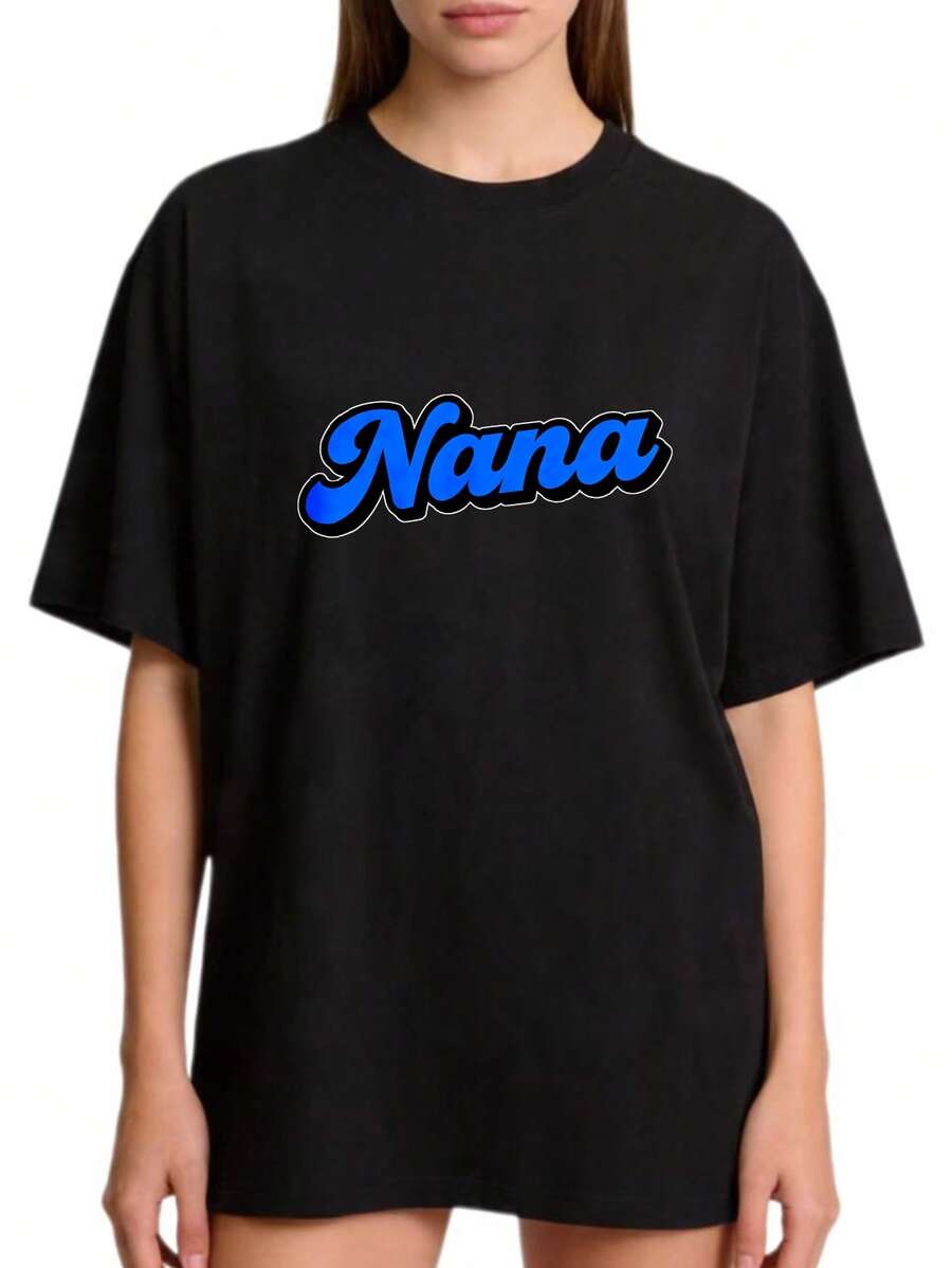 Women's Basic Casual Crew Neck T-Shirt, Sizes S-2XL, 100% Pure White With Nana Print. Suitable For Family And Couple Outfits. Perfect For Spring And Summer. Ideal Gift For Mother's Day, Family, And Best Friends. . - 黑色 - 查看 1