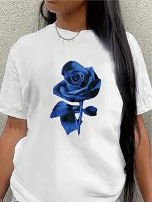 Camiseta de manga corta ligera y duradera, con diseño de rosas azules, adecuada para el hogar, restaurantes o ocasiones de ocio al aire libre, ofreciendo un material cómodo y suave, perfecta para actividades diarias.blusa casual mujer - Blanco - Ver 1