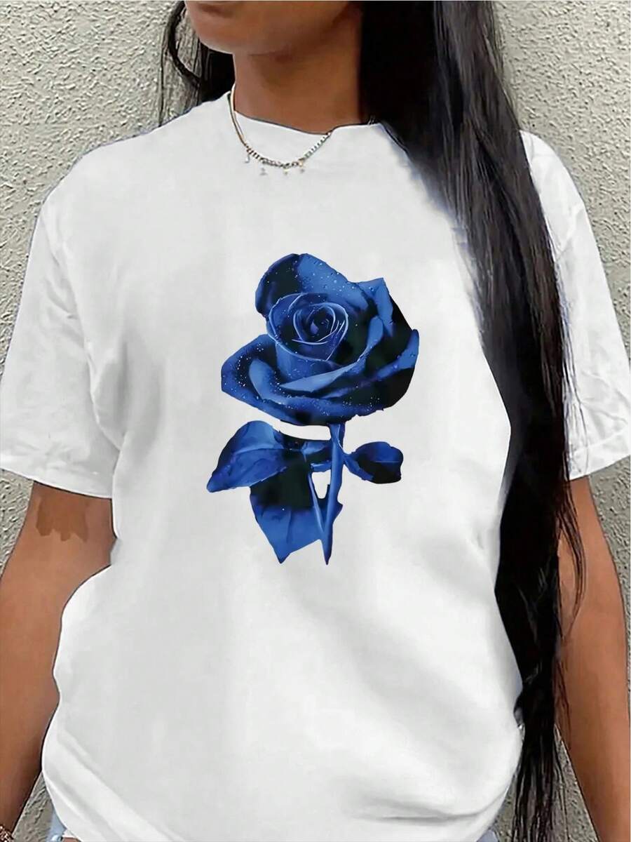 Camiseta de manga corta ligera y duradera, con diseño de rosas azules, adecuada para el hogar, restaurantes o ocasiones de ocio al aire libre, ofreciendo un material cómodo y suave, perfecta para actividades diarias.blusa casual mujer - Blanco - Ver 1