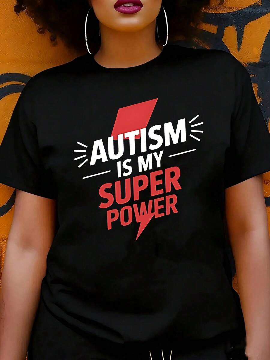 Camiseta Estampada para Mujer - Camiseta Casual de Manga Corta y Cuello Redondo Negra con Texto EL AUTISMO MI SUPERPODER en Negrita. Con un Corte Relajado para Todas las Estaciones, Perfecta para Uso Diario o Atuendos de Vacaciones (Lavable aáquina). - Negro - Ver 1