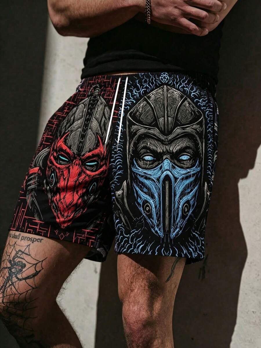 Celana Pendek Streetwear Kasual Pria Ukuran Besar Motif Masker Merah & Biru dengan Tali Serut di Pinggang - MultiWarna - View 1