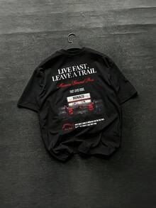 Fractyr Men's Relaxed Fit Crew Neck T-Shirt With Double-Sided Print, Featuring Numbers, Slogans And Letters - 黑色 - 查看 2