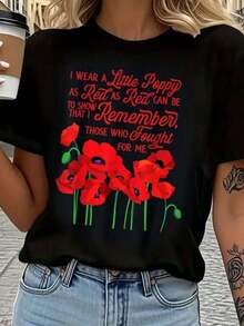 Camiseta Negra de Algodón 100% de Peso Pesado para Hombre - Camiseta de Manga Corta con Temática Conmemorativa y Corte Holgado. Está impreso con textos como "En memoria de quienes lucharon por mí" y patrones de flores de amapola rojas. Esta blusa lavable a máquina es transpirable y cómoda, adecuada para atuendos de fiestas navideñas de invierno, y también se puede usar en primavera, verano y otoño. Éxito de . - Negro - Ver 7