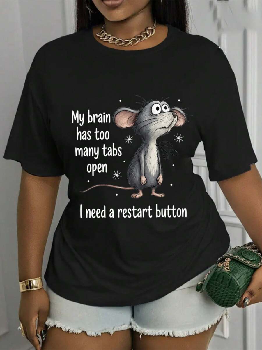 Camiseta Estampada para Mujer con Ratón de Dibujos Animados - Camiseta Casual de Manga Corta y Cuello Redondo en Negro con Divertido Diseño de Ratón y Texto Botón de Reinicio. Con un Corte Relajado para Todas las Estaciones, la Elección Perfecta Tanto para el Uso Diario Como para Tus Atuendos de Vacaciones (Lavable aáquina). - Negro - Ver 1