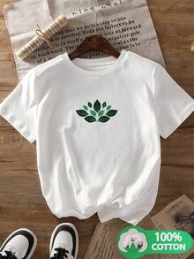 Women's T-Shirt With A Symmetrical Pattern Of Light And Dark Green Leaves, New Summer And Autumn Collection, Round Neck, Modern, Breathable, Casual, Versatile, Short Sleeves, And 100% Cotton, Suitable For Family Trips, Vacations, And Leisure Activities. Women's T-Shirts. - 白色 - 查看 3