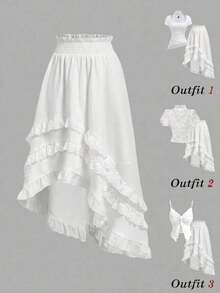 MOD Falda asimétrica de diseño de malla bordada para mujer - Blanco - Ver 7