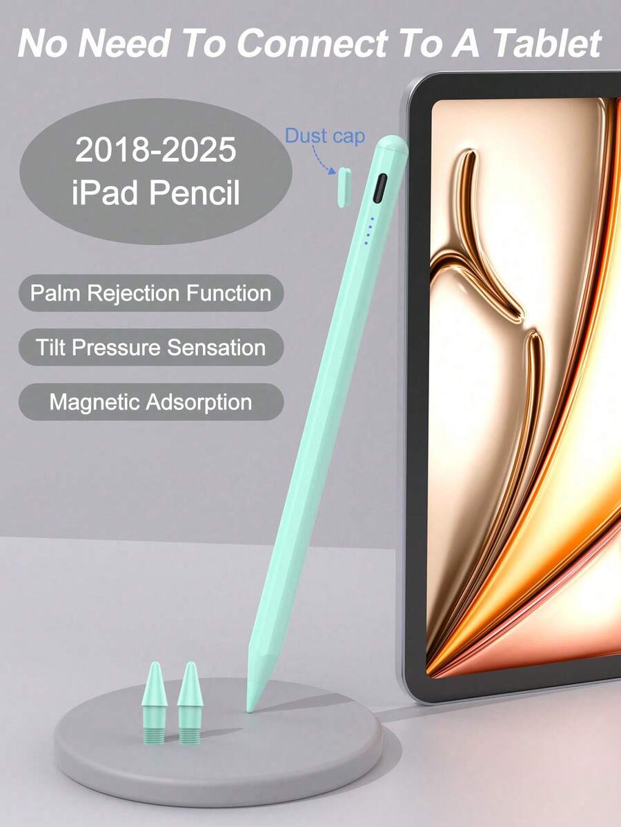 Stylus Pen 10.2" 10th Gen, 10.9" 2022, Air4/5/6/M4, A16 11th 2025, Air11 & 13" (M3/M2), Pro 11"/12.9" Compatible Stylus Pen With Palm Rejection, Tilt Sensitivity, 90mAh Battery, Capacitive For IOS Tablets, Green, Easter Spring Gift - 綠色 - 查看 1