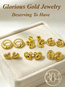 12 Pieces / 6 Pairs Of Summer Beach Vacation Accessories. Elegant Gold Stud Earrings Set, Including Threaded Hoop Earrings, Pleated Leaf Earrings, Spiral Vortex Earrings, Horizontal Striped Heart Earrings, Hammer Pattern Heart Earrings, Multi-Layer Hoop Earrings. 18K Gold-Plated 304 Stainless Steel Hypoallergenic Earrings - Stainless Steel Set - View 3