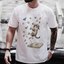 Men's Bouldering Cat T-Shirt, Rock Climbing Cat Graphic Tees, Outdoor Mountain Sportswear, Short Sleeve Casual T-Shirts - 白色 - 查看 5