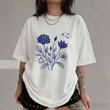 1 Piece - White Cotton T-Shirt With Floral Print, Round Neck, Short Sleeve, Summer Casual Wear, 180g, 100% Cotton. - 白色 - 查看 7