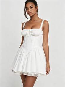 Women's Flower Embroidery Boho Mini Dress Backless Self-Tie Bowknot Square Neck Wide Straps Ruffle Mini Dresses Sleeveless Summer Vacation Short A-Line Dress - F1309-Trắng - Xem 5