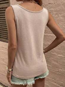 LUNE La nueva moda primavera y verano, chaleco casual de cuello redondo a rayas azul y blanco con cuello profundo rojo en contraste - Caqui - Ver 2