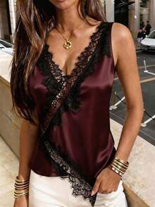 Blusa negra de mujer casual y elegante con cuello en V sin mangas, con encaje, recortes de encaje y bajo irregular, adecuada para uso diario/Día del maestro/atuendo de negocios/viajes/vacaciones relajantes.Blusa negra de encaje, blusa negra de e - Burdeos - Ver 3