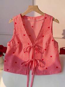 2026 Nuevo Verano Elegante, de Vacaciones, Informal, Y2k, Primavera Día de San Valentín Blusa Casual con Estampado de Corazón y Lazo Frontal para Mujer Blusa a Cuadros Rojos, Blusa Roja a Cuadros, Blusa Roja con Estampado de Corazón, Blusa Roj - Multicolor - Ver 4