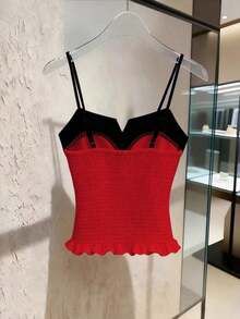 Nuevo diseño de top con cordones, top elástico ajustado de cintura estilizante con bloques de color, blusa elegante sin mangas de cuello en V para mujer, primavera/verano - Rojo - Ver 2
