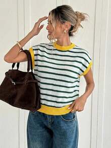 Blusa de punto de manga de murciélago con rayas de color contrastante, casual de verano para mujer - Multicolor 4 - Ver 5