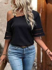 Camisa casual con cuello asimétrico y empalme de malla, top de un solo hombro - Negro - Ver 7