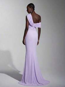 Vestido largo elegante de malla con un hombro, fruncido y ajustado, adecuado para bodas, eventos formales y vestidos de dama de honor - Morado Violeta - Ver 2