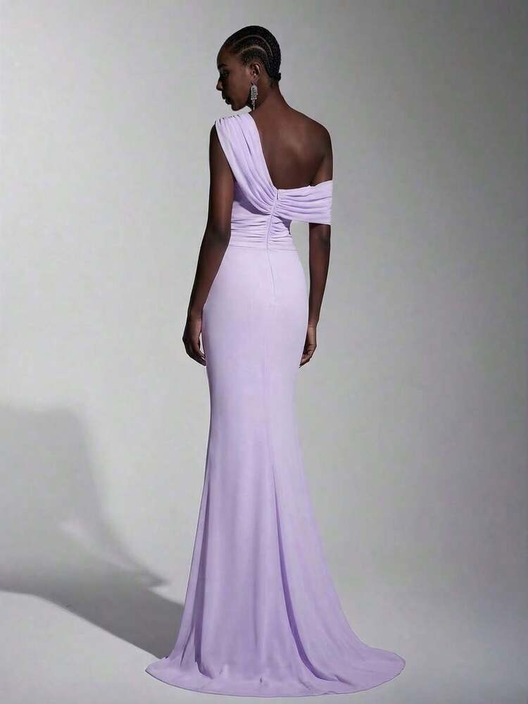 Vestido largo elegante de malla con un hombro, fruncido y ajustado, adecuado para bodas, eventos formales y vestidos de dama de honor - Morado Violeta - Añade 2