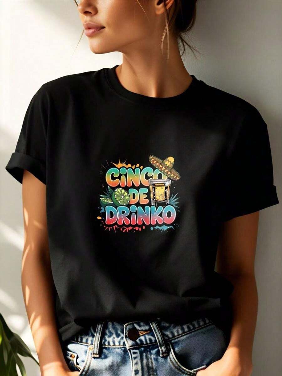 1 pieza de remera de manga corta 100% algodón estilo casual con estampado festivo de Cinco de Drinko con sombrero mexicano limón y copa de tequila ideal para fiestas temáticas verano mujer - Negro - Ver 1