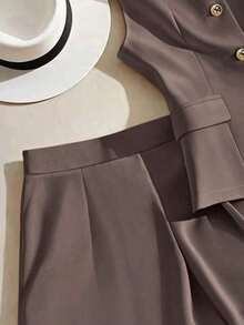 Set de 2 piezas de diseño minimalista casual con cuello redondo, sin mangas y botones delanteros de unicolor - Café integral - Ver 6