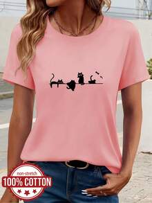 Women's Summer T-Shirt, Round Neck, Short Sleeve, 100% Cotton, Ideal For Daily Outings, Travel, Vacations And Dates, Cat Silhouette Print, Casual Top, Versatile And Comfortable Fabric - 羅莎 - 查看 6
