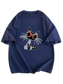 Women's Short Sleeve T-Shirt With Cartoon Print, Slim Fit#3333 - 海軍藍 - 查看 1