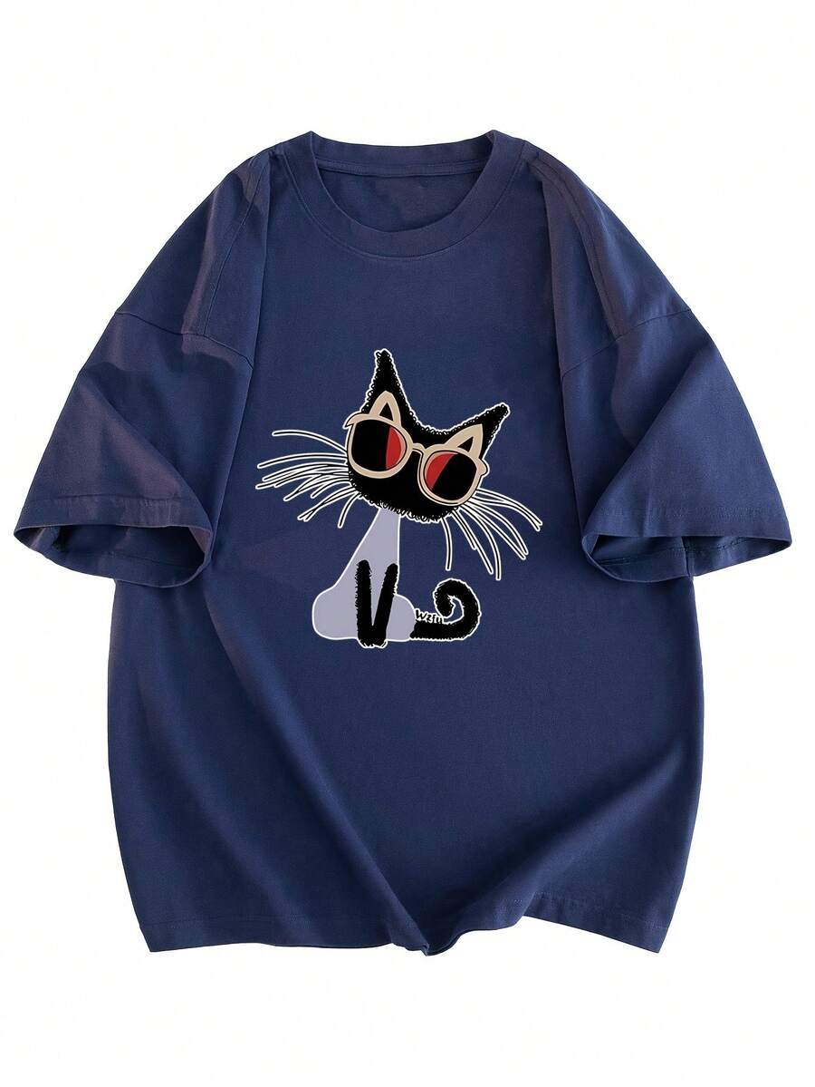 Women's Short Sleeve T-Shirt With Cartoon Print, Slim Fit#3333 - 海軍藍 - 查看 1