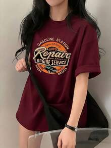 [Bestseller] Camiseta de Verano para Mujer de Manga Corta con Diseño Elegante, Corte Holgado, Estampado de Dibujos Animados, Algodón Puro, Cómoda y Suave, Camiseta de Algodón para Uso Diario. - Burdeos - Ver 2