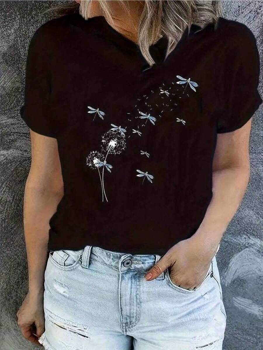 100% Algodón Premium 180g .¡Oferta Especial!Playera.Camiseta estampada de algodón de mujer con diseño de libélulas, ideal para verano, casual y cómoda, disponible en negro, perfecta para combinar con jeans, adecuada para todas las tallas, moda femenina en .Camiseta Streetwear Unisex Ideal para Conciertos y Regalo - Negro - Ver 1