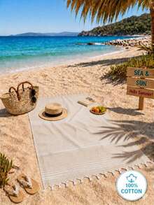 100% Cotton Turkish Beach Towel - Striped Peshtemal with Tassels- Quick-Dry & Soft Boho Beach Blanket - 米色 - 查看 2