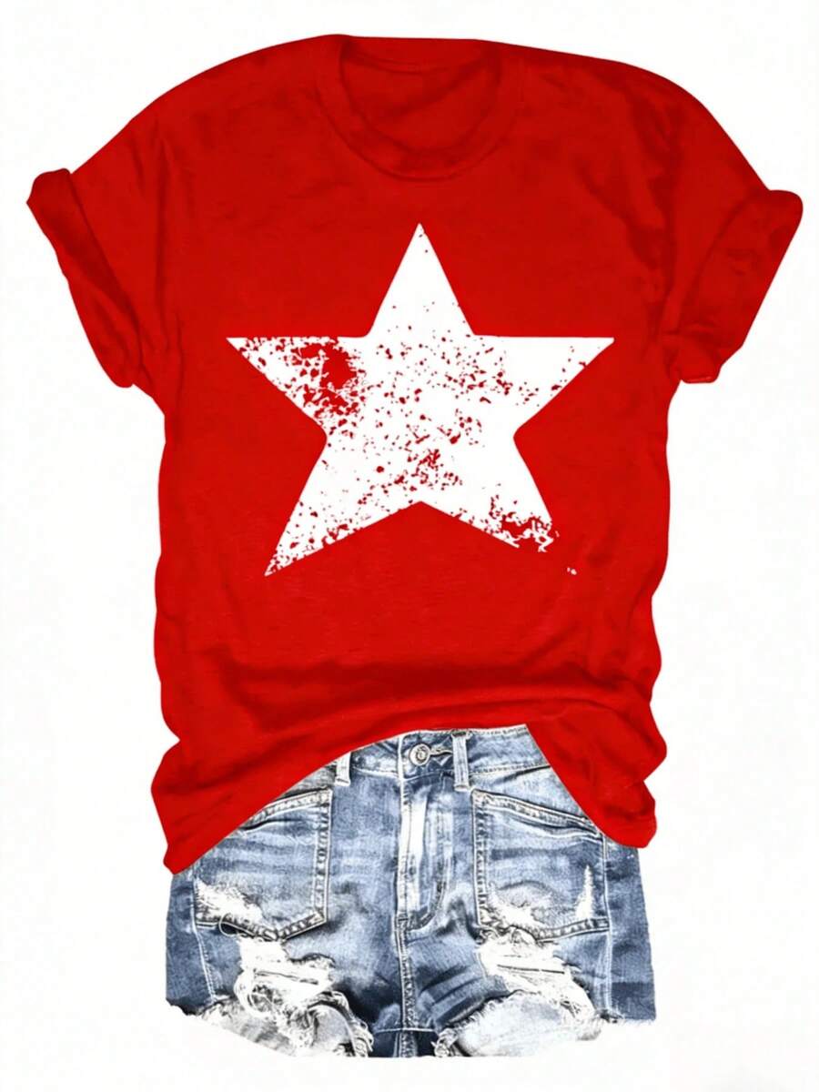 Camiseta Estampada Plana para Mujer - Estilo Casual de Manga Corta con Cuello Ajustado - Ligera y Transpirable - Rojo - Ver 1