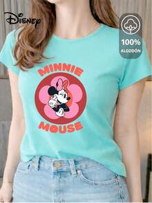 Women's T-Shirt Made Of 100% High-Quality Cotton. This T-Shirt Guarantees Exceptional Softness To The Touch, With A Round Neck, "Disney Minnie Mouse Flower" Print, And Short Sleeves. - 水 - 查看 1