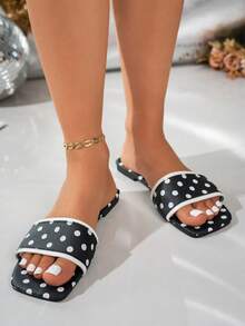 Women's Flat Sandals With Rhinestones, Black Rhinestone Sandals, Leopard Print Sandals, Full Rhinestone Beach Slippers For Party, Birthday, Wedding, Mother's Day, Easter, Spring/Summer Rhinestone Sandals, Sexy Wedding Shoes - Polka Dot Black - View 2