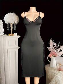 Sexy Deep V-Neck Tank Top Ice Silk Split Maxi Dress With Lingerie Set, Suitable For Valentine's Day Gift, Sexy Sleepwear - Black - View 5