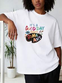 Camiseta de talla grande, con la frase "IT'S A GOOD DAY TO MAKE SOME ART" (Un buen día para crear arte), diseño creativo con estampado de letras que evoca una paleta de colores y un pincel, camiseta blanca de manga corta con cuello redondo para mujer, diseño elegante y retro, estiliza y favorece la figura al usarla, sencilla y elegante cuando se combina con otras prendas, adecuada para ir de compras, asistir a fiestas y para el uso diario casual, camiseta básica versátil y duradera, 100% algodón. - Blanco - Ver 8