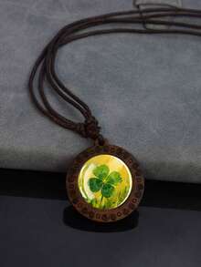 1PC Four Leaf Clover Patterned Dome Glass Inlaid Wooden Pendant Necklace, Paired With Woven Rope Chain, Retro Texture Design, Suitable For Daily Wear Or As A Holiday Gift. - Chocolate Brown - View 8