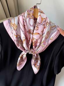 1 chiếc khăn vuông in họa tiết dây xích kim loại giả lụa dành cho nữ, khăn bandana, phụ kiện không thể thiếu cho mùa xuân/hè, dùng để buộc túi xách, băng đô cài tóc, phụ kiện tóc, khăn trang trí thời trang và đa năng. - hồng trắng - Xem 2