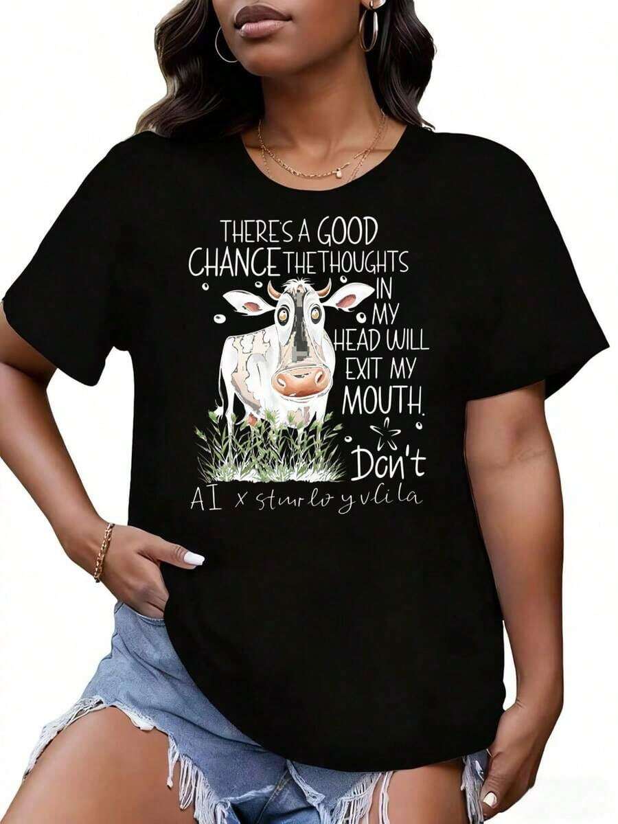Cow Graphic T-Shirt With Funny Phrase: There's A Good Chance The Thoughts In My Head Will Come Out Of My Mouth. Don't AI X Sturlo Yvlica Women's Casual White T-Shirt. - 黑色 - 查看 1