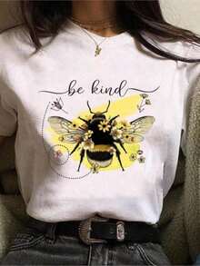 New Fashionable Women's T-Shirt With Floral Bee Print, Casual Round Neck Short Sleeve T-Shirt For Women, Holiday Clothes For Women - 白色的 - 查看 1