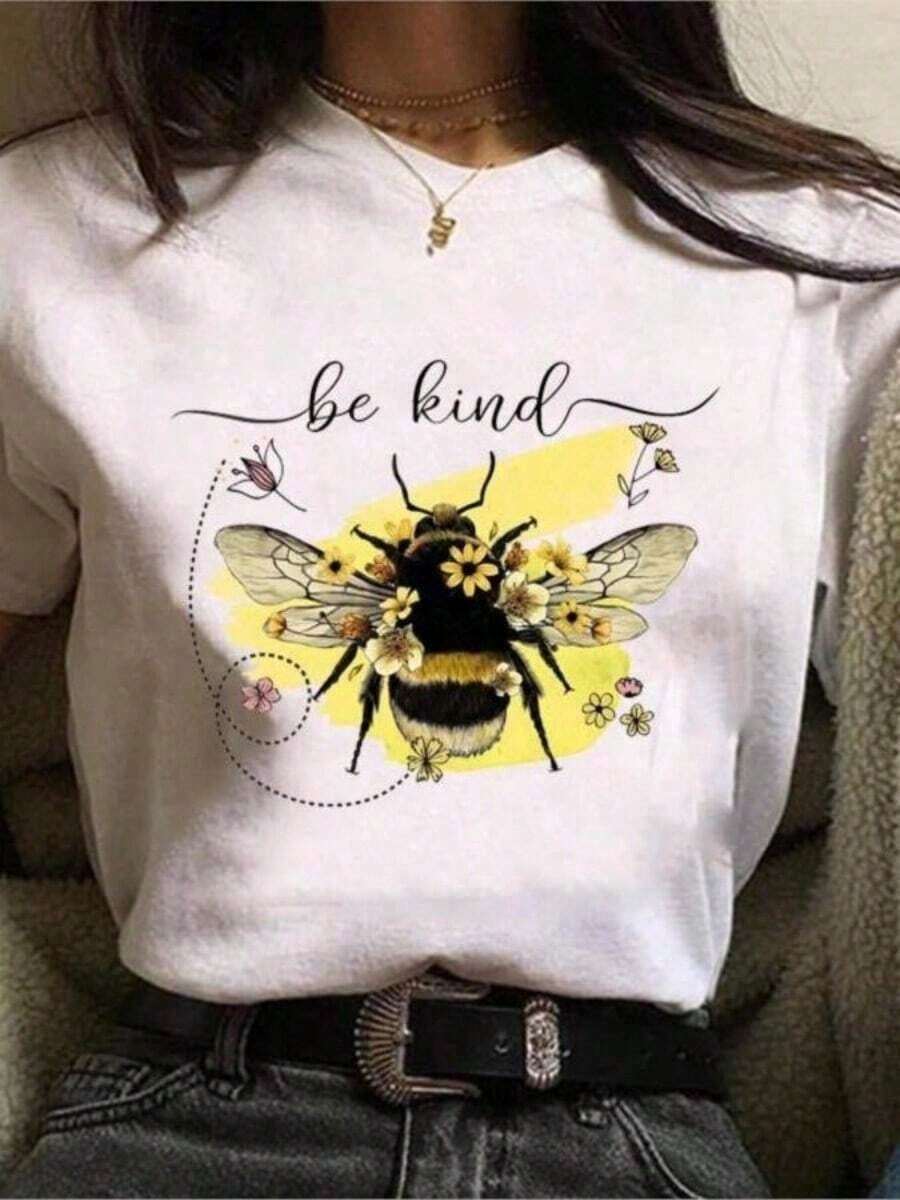 New Fashionable Women's T-Shirt With Floral Bee Print, Casual Round Neck Short Sleeve T-Shirt For Women, Holiday Clothes For Women - 白色的 - 查看 1